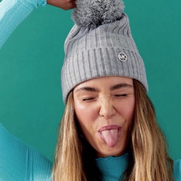 Michael Kors Light Gray Knit Beanie with Pom - Picture 1 of 3
